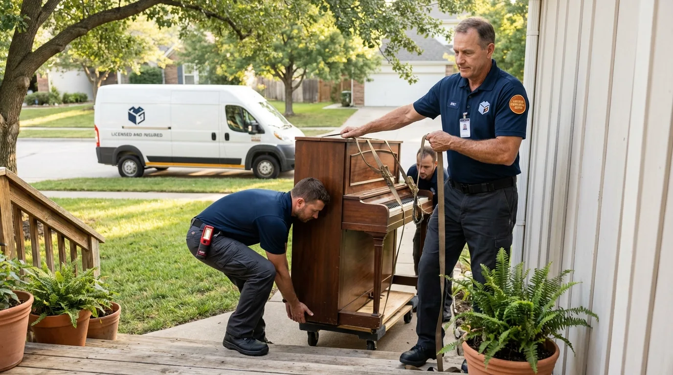 Licensed piano movers securing grand piano in Prentiss, MS