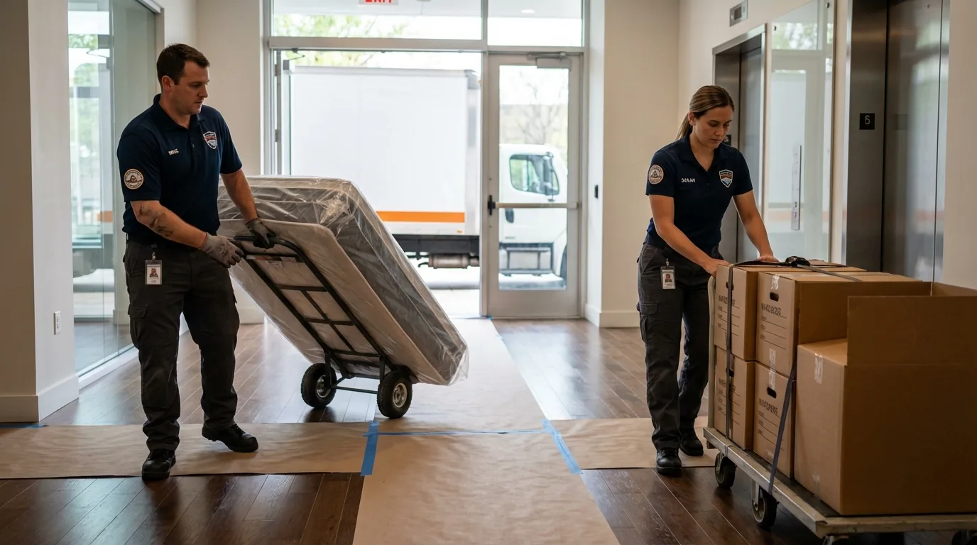 Professional apartment movers loading elevator in Prentiss, MS